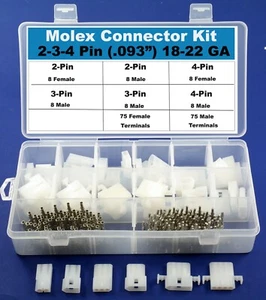198 Stck. Molex 2-3-4 Pin Stärke Steckverbinder Kit 0,093", Drahtstärke 18-22 AWG - Bild 1 von 4