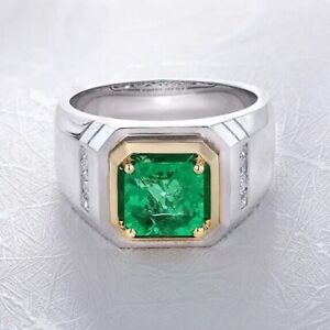 2Ct Asscher Cut Lab Created Green Emerald Men's Ring 14K Two-Tone Gold Plated