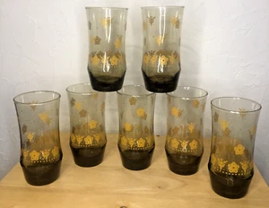 7 - Libbey Glasses BUTTERFLY GOLD 6" H Smoked Brown Corning Corelle 70's Vintage - Picture 1 of 10