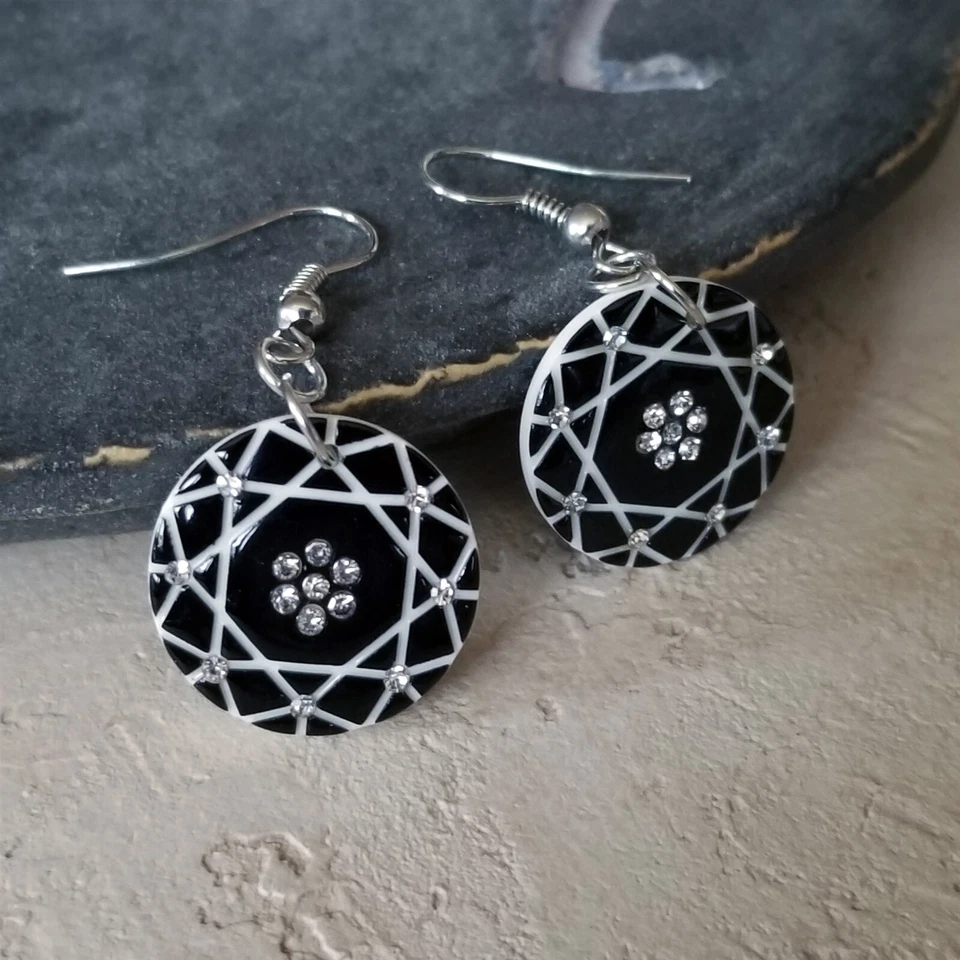 Retro White Black Lucite Austrian Crystal Circle Geometric Dangle Earrings - Image 1 of 4