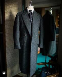 Vintage Men's Tweed Long Overcoat Wool Peak Lapel Suits Double Breasted Tailored