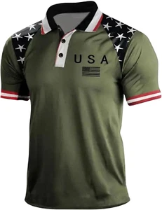 4Th of July Men's American Flag Print Polo Short Sleeve Patriotic Quick Dry Soft - Picture 1 of 11