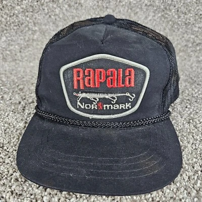 Vintage Rapala Lures Hat Cap Black Trucker Snapback Patch Corded Rope Mesh - Image 1 of 4