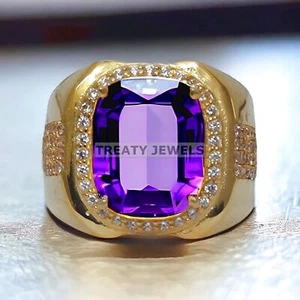 Amethyst Cushion Cut With 925 Sterling Silver Gold Plated Ring For Men's #59 - Picture 1 of 6