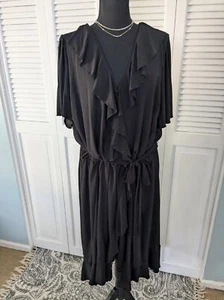 Avenue Dress Womens Sz 22/24 Black Waterfall Faux Wrap Knit Belt Classic Stretch - Picture 1 of 13