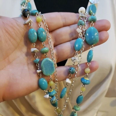 Silver 3-Chain Necklace, GENUINE HOWLITE, CHICOS OR PREMIER DESIGN Up To 36" - Image 1 of 4