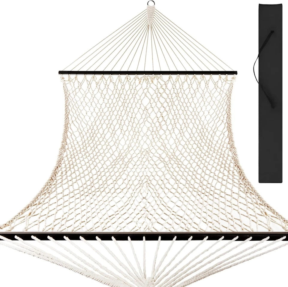 Двойной гамак, уличный тканый хлопковый веревочный гамак для дворов и патио - Изображение 1 из 4