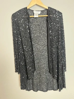 Adrianna Papell Evening, Black Sequin Beaded Cardigan Size M Formal Topper Glamr - Image 1 of 4