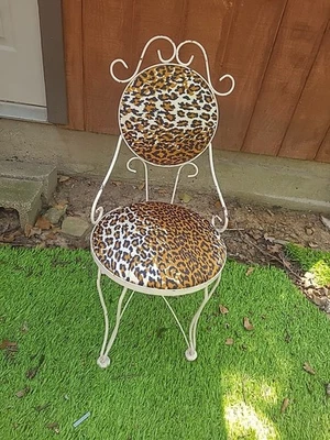Vintage Heavy  Wrought Iron Budoir Ice Cream Parlor Vanity Chair Leopard Print  - Image 1 of 4