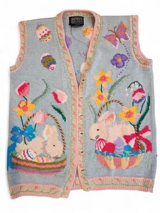Vintage Berek Osterhasen Eier Frühling handgestrickt Knopf Weste Pastell groß - Bild 1 von 7