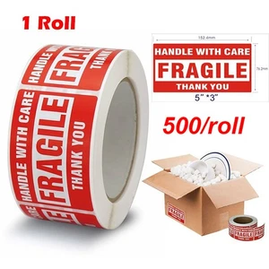 Mango de pegatinas frágiles grandes de 3"x5" con cuidado etiquetas de agradecimiento 500 por rollo EE. UU. - Imagen 1 de 5
