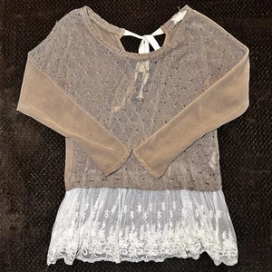 Blusa Top A’Reve by Anthropologie M Manga Larga Encaje Crochet Transparente AT5722-S14 - Imagen 1 de 10