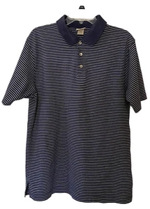 LL Bean Mens Medium polo shirt Navy White Stripes Cotton P 2 P = 21” Ring Collar - Picture 1 of 8