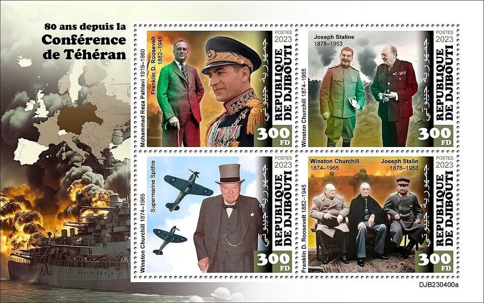 Segunda Guerra Mundial 1943 Conferencia de Teherán Churchill/Stalin/FDR/Shah Hoja de Sellos 2023 Djibouti Foto 1 de 1