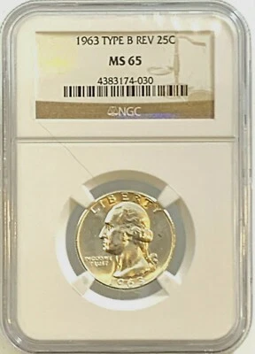 1963 WASHINGTON QUARTER TYPE B REVERSE FS-901 NGC MS65  GEM BU SILVER VARIETY - Image 1 of 4