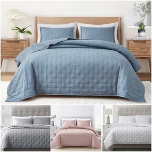 3-Piece Cooling Bamboo Fiber Cross-Stitch Quilt Set Lightweight Bedspread Cover - Picture 1 of 9