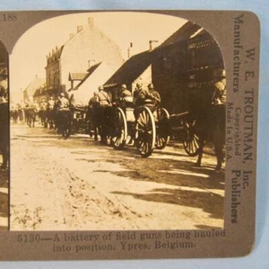 Stereoview W E Troutman 5130 A batteria di pistole da campo Hauled Ypres Belgio (O) - Foto 1 di 4
