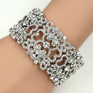 Women Silver Tone Clear Crystal Bridal Wedding Bangle Cuff Stretch Bracelet 0001
