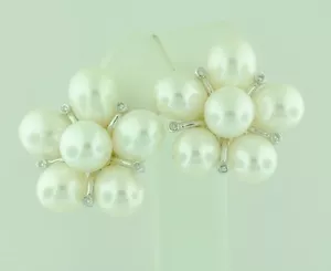 14k Solid White Gold Freshwater Pearl & Natural Diamond Earring Cocktail 0.07 ct - Picture 1 of 5