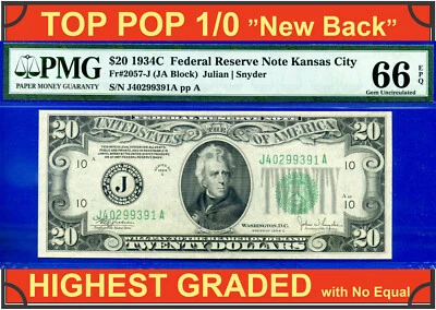 1934C $20 Federal Reserve Note PMG 66EPQ TOP POP 1/0 highest graded New Back - Image 1 of 4