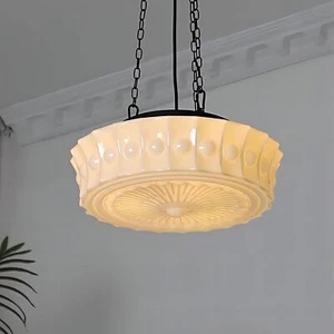Milk Glass Pendant Light, 14" Mid Century Modern Schoolhouse Hanging Ceiling ... - Picture 1 of 9