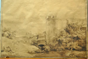 Gemälde Antik Lavierung Tinte 19 Jahrhundert XIX Turm Schloss Rand Fluss - Picture 1 of 17