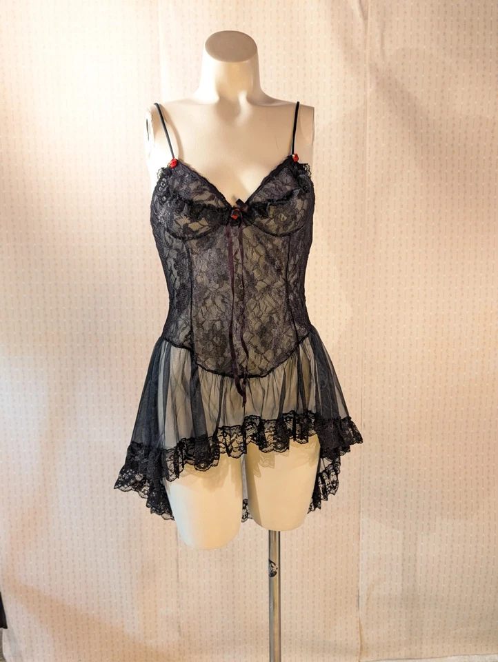 Sexy babydoll vintage Whimsigoth S Tosca rosetas de encaje negro años 60 Foto 1 de 4