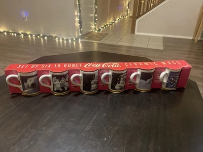 Vintage Coca Cola Coke Mug Cup Set of Six 16oz Ceramic 1996 Polar Bear NEW Xmas - Image 1 of 4