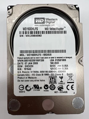 Western Digital WD1600HLFS 160GB 10K RPM SATA – VelociRaptor – FW:60GGU0 - Image 1 of 4