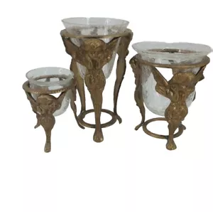 Vtg Heavy  Set Of 3 Stunning Brass Angel CRACKLE Glass Candle Holders Read Look - Picture 1 of 16