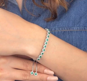 6CT Round Cut Lab-Created Emerald Women's Bolo Bracelet 14K White Gold Plated - Picture 1 of 7
