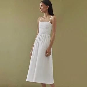 Theory Smocked Cotton Poplin Midi Dress in White Size Large L - Picture 1 of 4