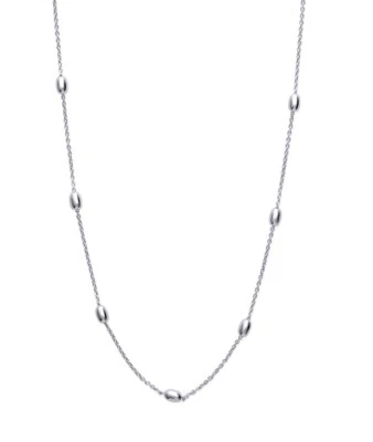 Collana In Argento 925/000 Rodiato - Catena Con Perle Ovali Argentate Spaziate - Immagine 1 di 4
