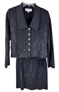 St John Evening Sz 6 Jacket Cardigan, Sz 4 Skirt 2Pc Black Pailettes Holiday - Picture 1 of 15