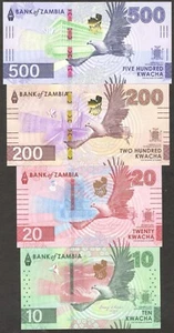 Set 4 Pcs Zambia 10 20 200 500 Kwacha P-62 63 66 67 Animal 2024 UNC NEW - Picture 1 of 2