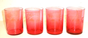 Antike dünne Cranberry Glas geätzte Blumen Saft Becher / Gläser (4er Set) - Bild 1 von 12