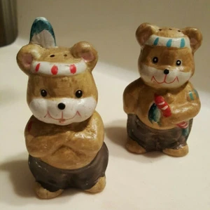 Vintage Porcelain Bear Cub Indian Boy Scout Salt & Pepper Shakers - Picture 1 of 6