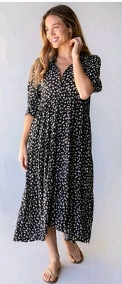 NWT Natural Life Rebecca Black Floral Midi Dress XL Cottage Boho 3/4 Sleeves - Image 1 of 4