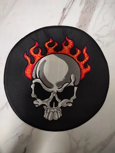 Large Skull on Flames Fire Motorcycle Biker Iron on Patch Back Jacket Vest - Picture 1 of 15
