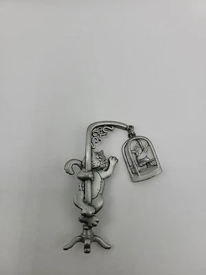 Vintage JJ Pewter Cat and Birdcage Brooch Whimsical Jonette Jewelry Signed Pin - Image 1 of 4