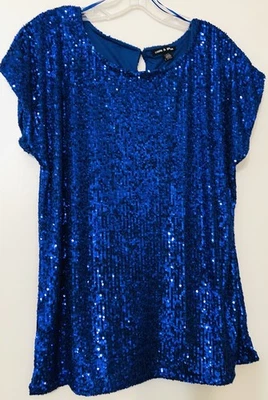 Cable y calibre Azul Lentejuelas Top Grande Cerradura Botón Cierre Fiesta Vacaciones Noche Foto 1 de 4