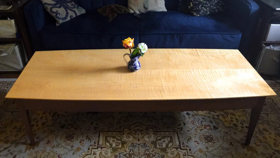 Handmade Signed 59" Curly Tiger Maple & Cherry Wood Coffee Table with Drawer - Image 1 of 4