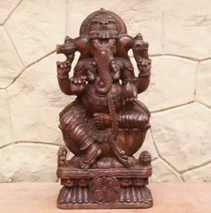 Ganesha Statue Hindu God Vinayaka Wooden Sculpture Home Garden Decor Mandir Idol - Picture 1 of 7