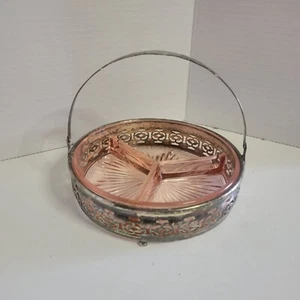 Vintage rosa Depression Glas geteilt Serviertablett mit verziertem Metallkorb mit - Bild 1 von 5