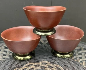 Kromex Wood Brass Footed Salad Rice Serving Bowls Set Of 3 Mid Century - Picture 1 of 17