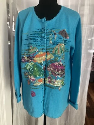 Vintage Quacker Factory Granny Art to Wear Sequin Embroidery Women's Sweater SzL - Image 1 of 4