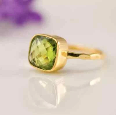 925 Sterling Silver 18k Gold Plated Checker Cut Natural Peridot Solitaire Ring - Image 1 of 3