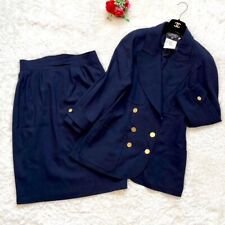 Chanel Skirt Suit Navy Blue Blazer Gold Button Double Vintage Wool Very Rare