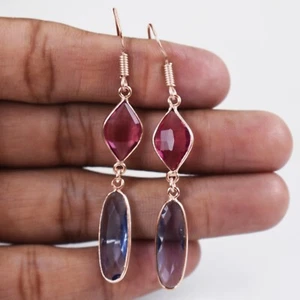 Sterling Silver Amethyst&Pink Quartz Oval Shape silver/Gold/Rose Plated Earrings - Picture 1 of 14