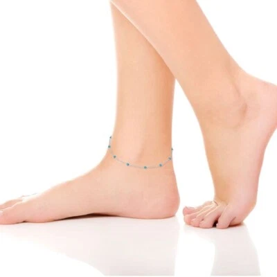 AAA Natural Turquoise Bead Chain Anklet Women's Ankle Bracelet 925 Silver Gift - Image 1 of 4